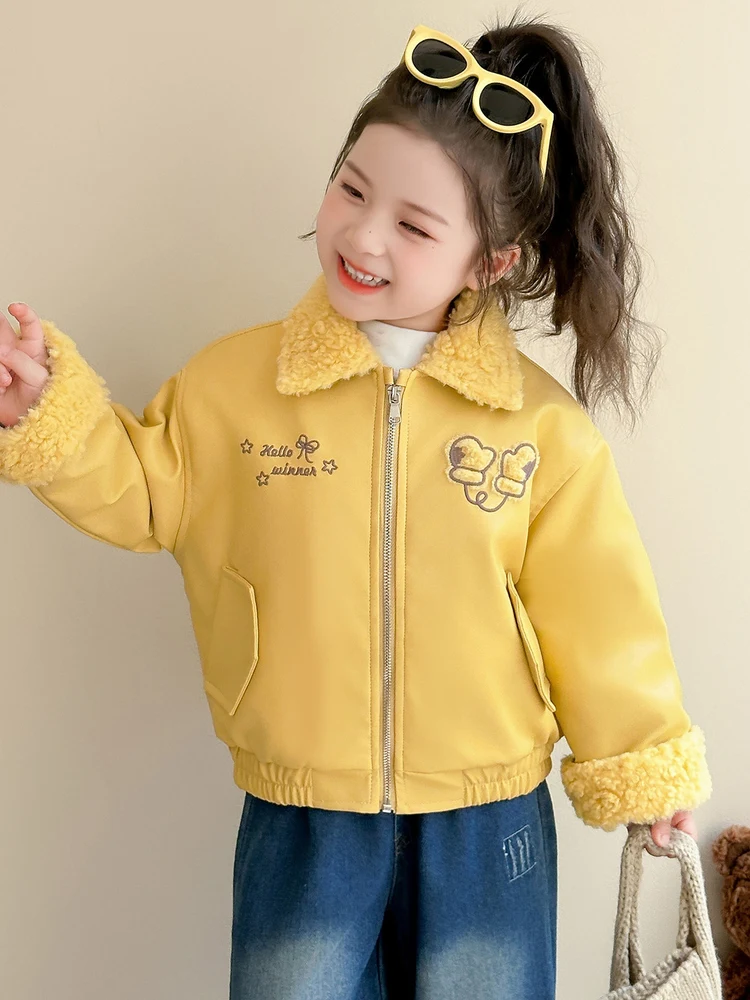

Детское модное джатое пальто на подкладке, зима 2025, новое корейское теплое кожаное пальто, пальто-сли с мультяшным дизайном