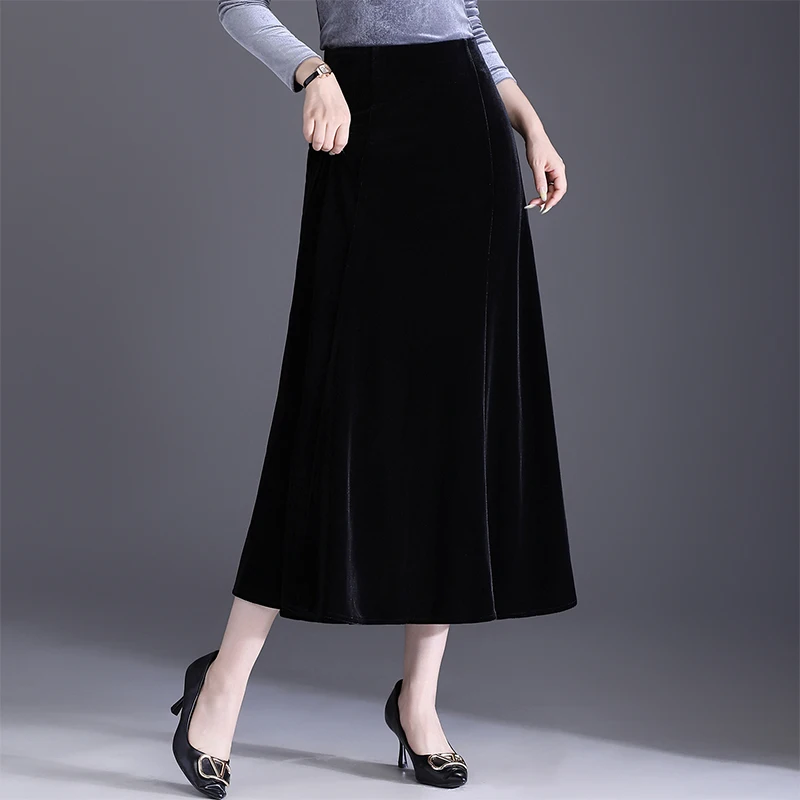 

Юбка трапециевидной формы с высокой талией для женщин, бархатная ткань, утягивающие бедра, длинные черные юбки Ele, удобные для поездок на работу