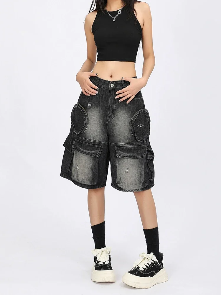 Black High Waist Simple Basic Shorts Fashion Street New Summer Woman Shorts American High Street Casual Loose Denim Women Shorts