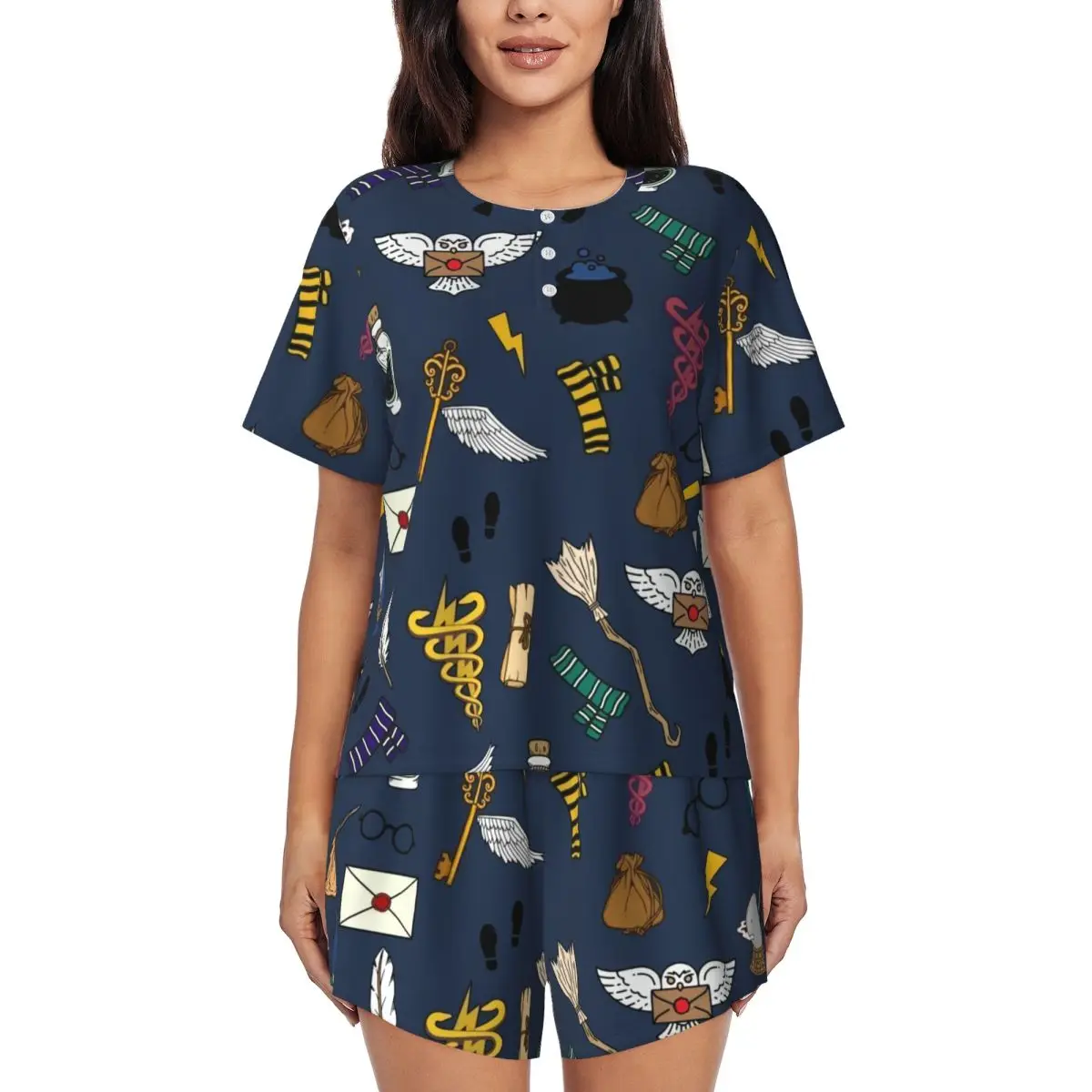 

Womens Harrys Magic Adventure Movies Potters Pajamas Set Custom Print 2 Piece Pj Sets Short Sleeve Sleepwear Loungewear