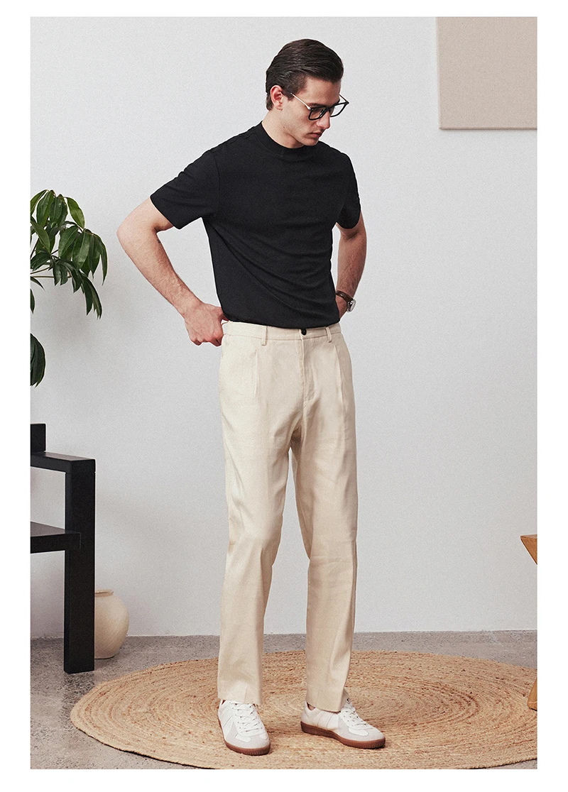 กางเกงผ้าลินินธรรมชาติ 100% ผู้ชายสีดำเรียบง่ายอารมณ์หรูหราธุรกิจลำลองผู้ชายสบายเย็นเสื้อผ้าระดับไฮเอนด์