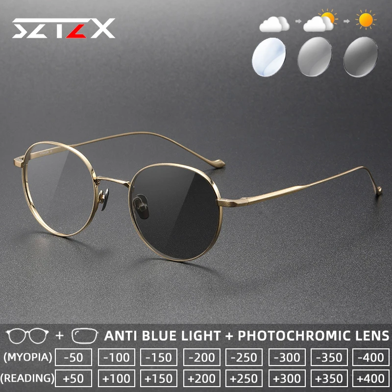 

Универсальные легкие фотохромные очки для чтения SZTZX с защитой от синего света, из чистого титана, круглые, прогрессивные, с диоптриями