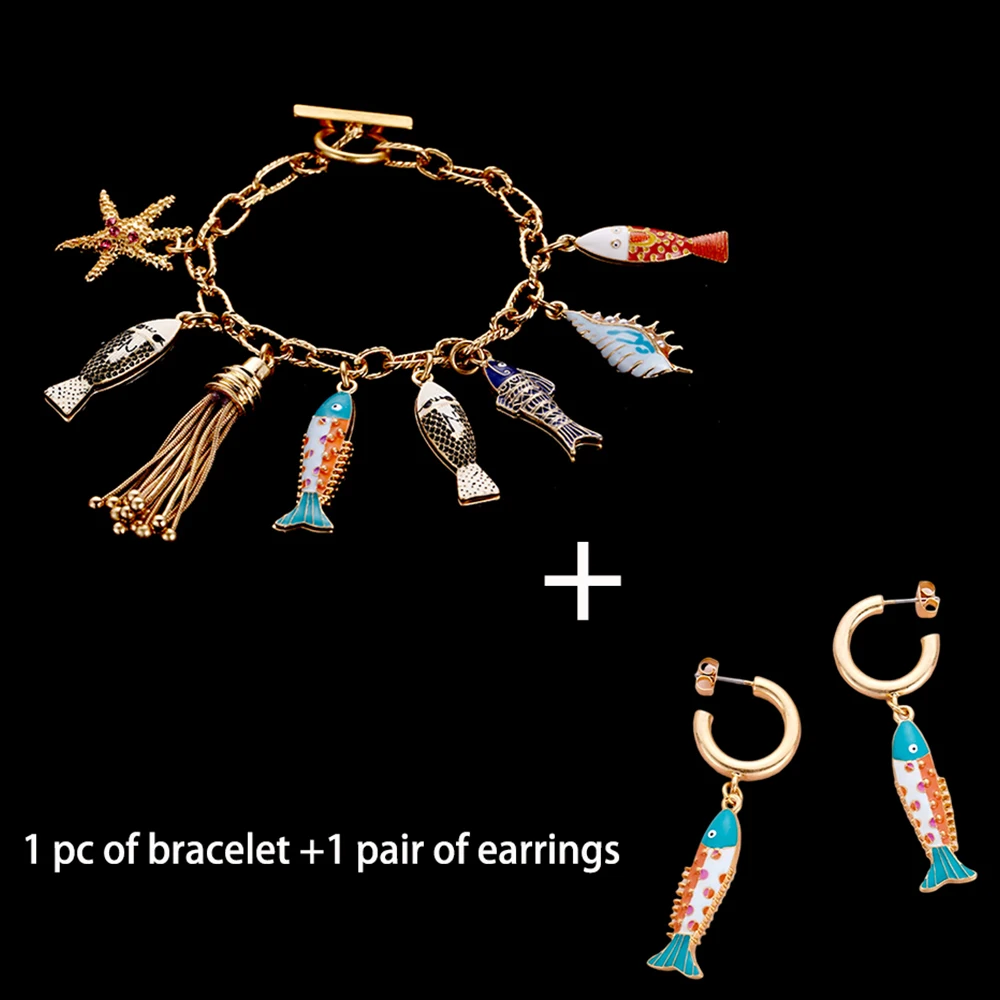 

Bohemia Coastal Charms Vintage Bracelet Hand Enamel Fish Starfish Tassel Pendant Earring Bracelet For Women Set Coquette Accesso