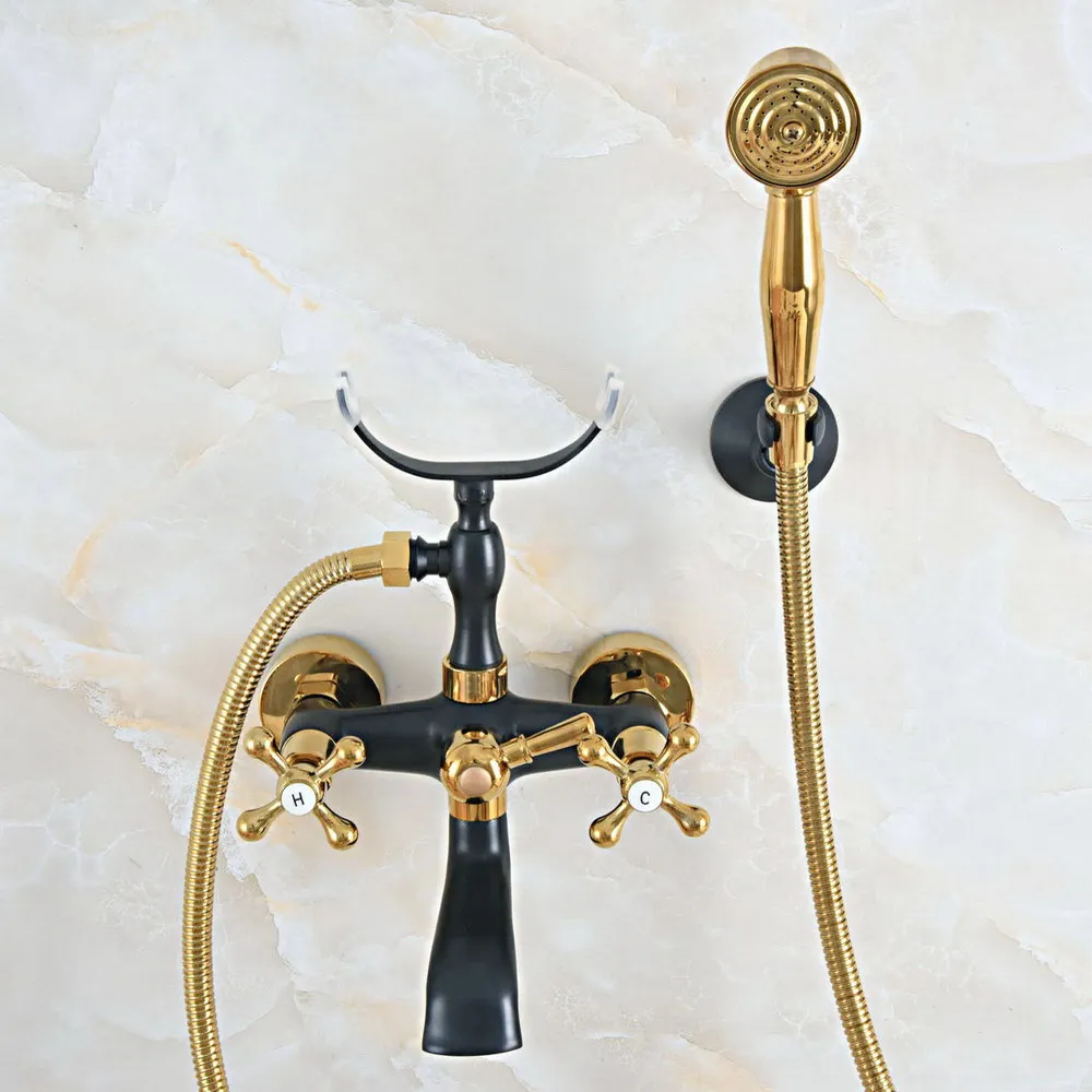 

Gold & Black Oil Rubbed Brass Wall Mounted Bathroom Bath Tub Faucet Set with 1500MM Hand Held Shower Spray Mixer Tap 2na528