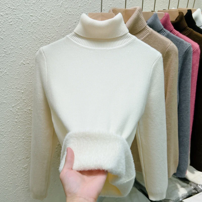 

Autumn and Winter Turtleneck Plus Velvet Sweater for Women One-piece Velvet Thick Base Knitted Sweater Slim Fit Warm Tops 31186