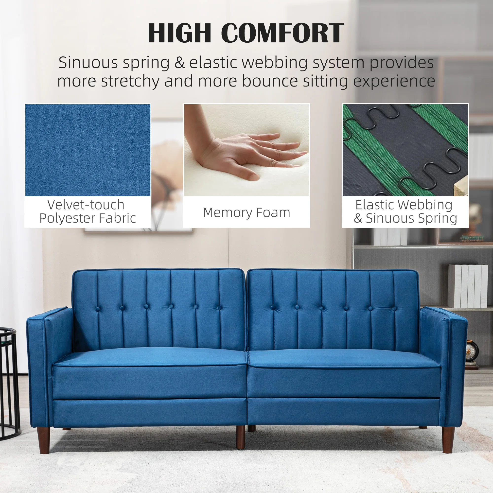 HOMCOM Convertible Sofa Futon Velvet-Touch Tufted Couch Sofa Bed