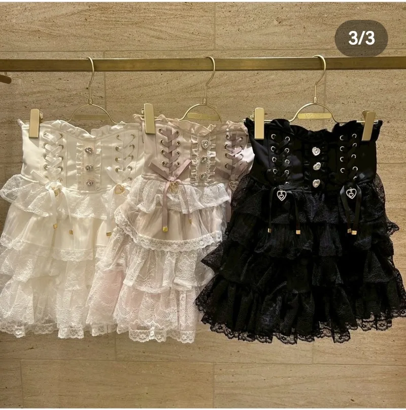 Mehrlagiger Mini-Kuchenrock im japanischen Rojita-Stil, drei Farben erhältlich, beliebte Damenkleidung, hoch taillierte Schnürröcke mit Knöpfen