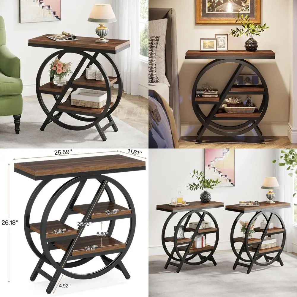 

Трехъярусный деревянный приставной столик с местом для хранения, с геометрическими металлическими элементами, для гостиной или спальни