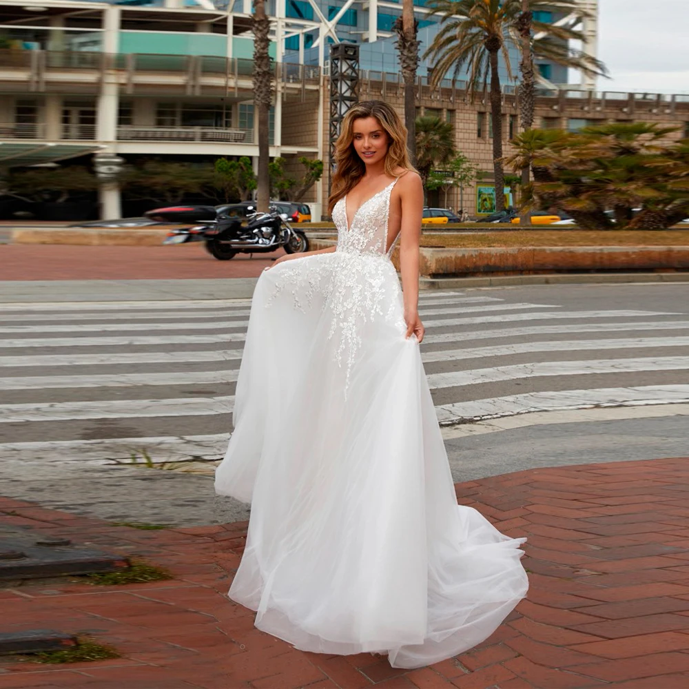 

2026 Elegant V-Neck Wedding Dresses For Women Sweetheart Collar Backless A-Line Robes Mopping Length Vestido De Novia Customized