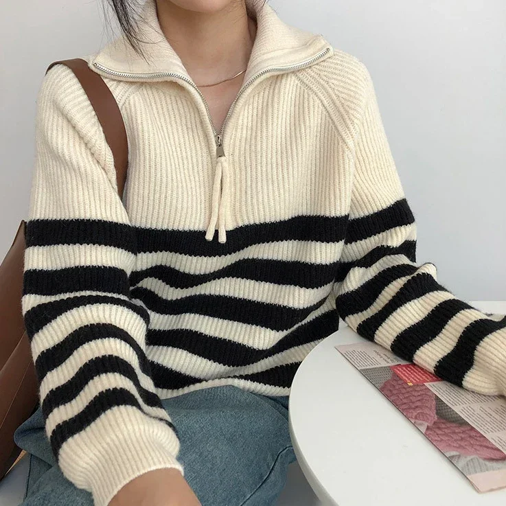 Striped Zipper Kintted Cardigan Women Pullovers Autumn Winter Black Jumpers Crochet Loose Long Sleeve Sweater 2022 Jumper Causal