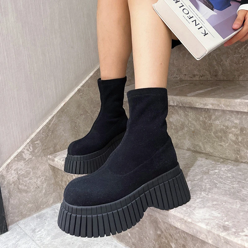 Pink Ladies Elastic Boots New Shoes Slip on Fashion Women Sock with Wedges Shoes Footwear Platform Botines Mujer Ankle Boots