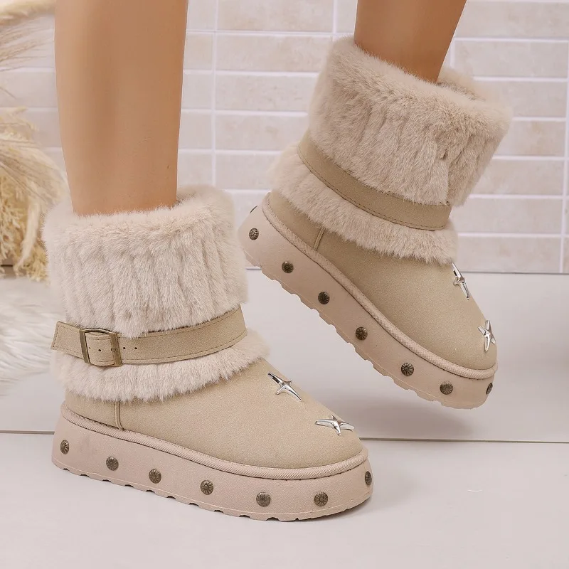 Winter Vintage Star Decor Belt Buckle Casual Women's Snow Boots 2026 New Plush Non Slip Comfort Warm Thick Soled Women Boots
