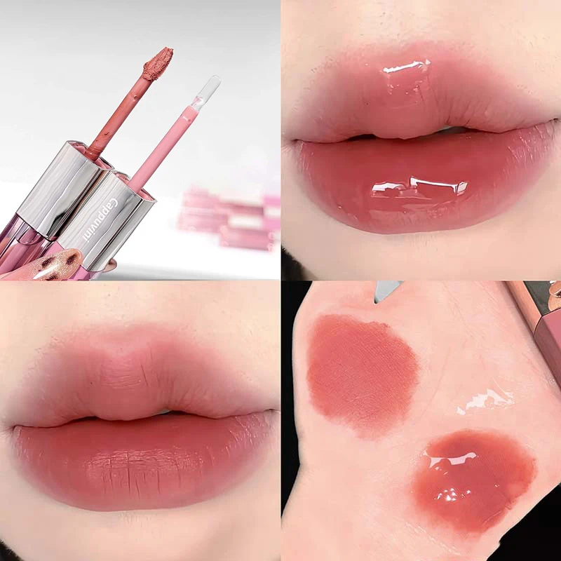 "1Pc Cappuvini Double Head Nude Mousse Lip Mud Velvet Matte Lipstick Mirror Lip Tint Water Gloss Raincoat Lip Oil Non Stick