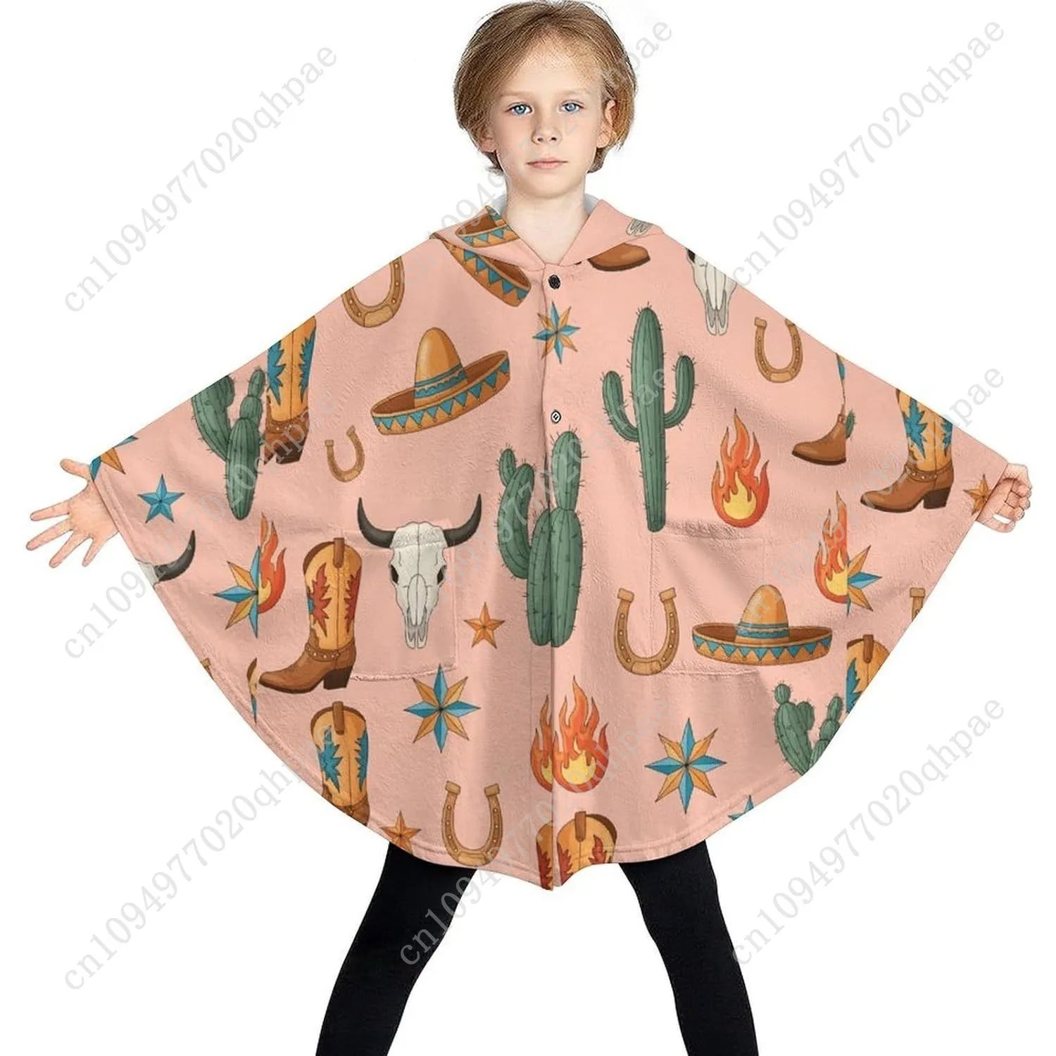 Pull couverture en flanelle confortable, bottes de taureau occidental, sweat à capuche surdimensionné avec poches pour enfants et adolescents