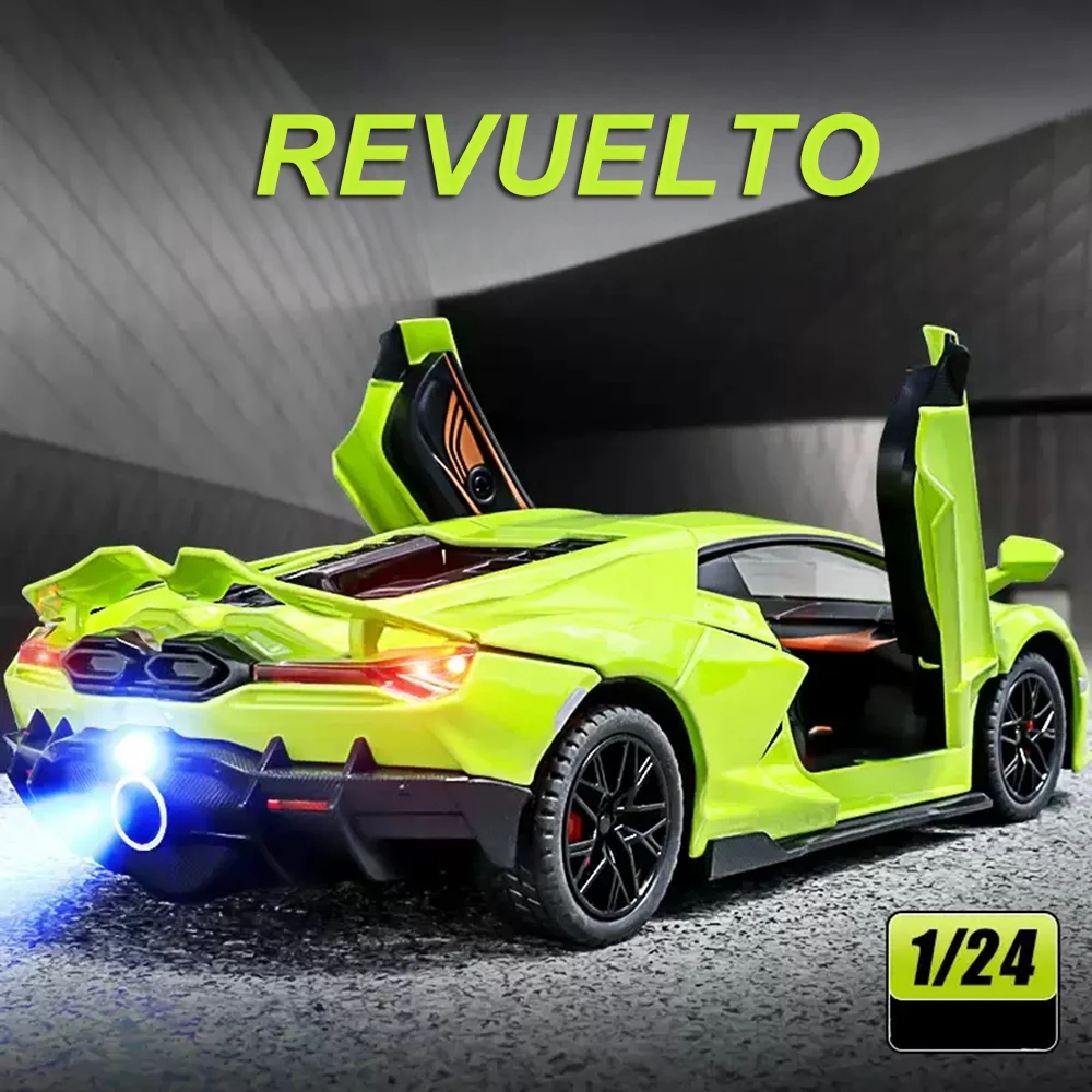 Lambor Revuelto Bolide-coches de aleación fundidos a presión, modelo de juguete con luz de sonido, puertas extraíbles, coches deportivos en miniatura abiertos, regalos para niños, 1:24