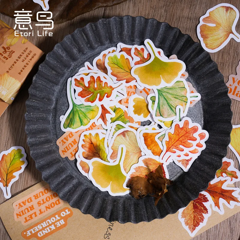 46PCS Boxed Silver Oak Leaf Stickers Autumn Style Sealing Stickers Scrapbook Album DIY Decorative Decals