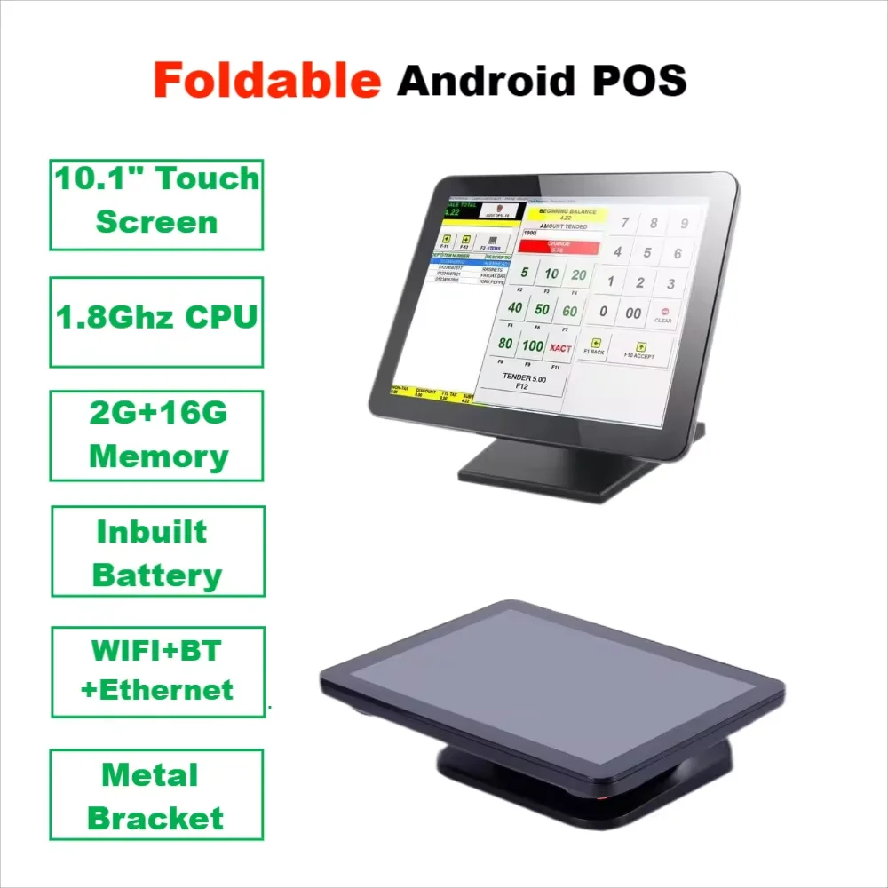 

10.1 Inch Touch Screen Android POS System Foldable Stand Cash Register Mini Desktop ECR 2+16G Google GMS Loyverse Supported