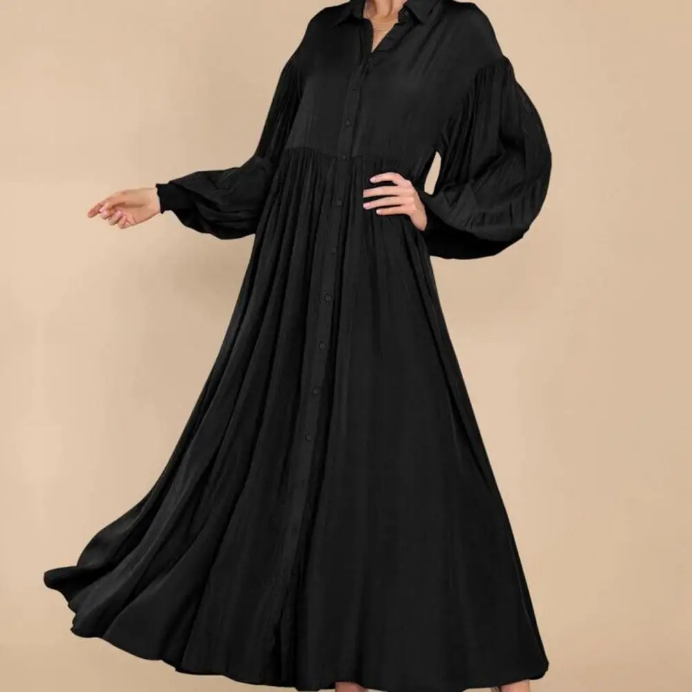 

Women Flowing Long Dresses Elegant Pleated Maxi Dress with Turn-down Collar A-line Silhouette Women's Fall Spring for Effortless