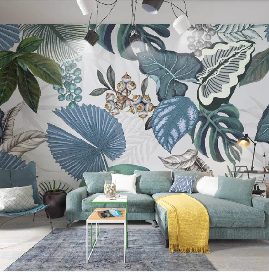Customized French Tropical Leaf Mural Wallpaper modern green pink green European style art murals wallpapers home decor
