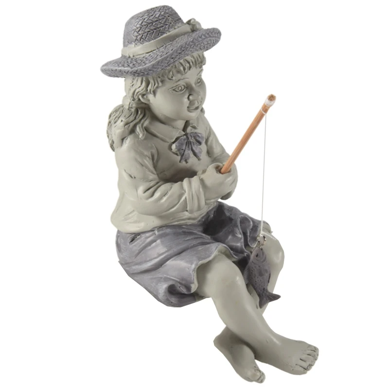 

Cartoon Fisher Girl Figurine Resin Fisherman Sitting Posture Statue Pool Decor Girl Figurine Decor Sculpture Home Yard