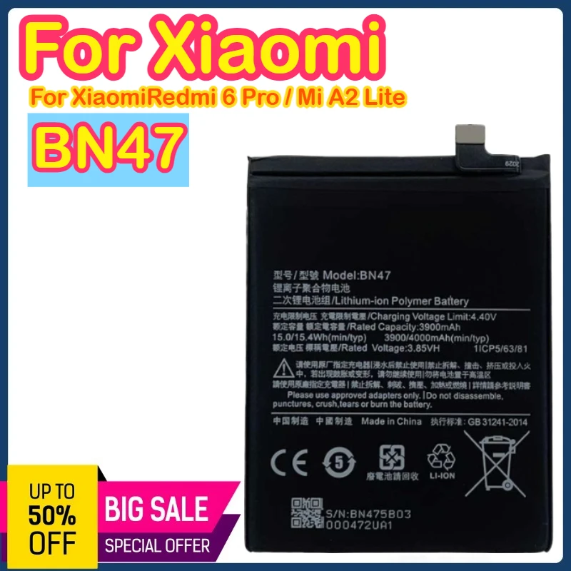 

BN47 4000MAH 3.85V Battery For Xiaomi Mi A2 Lite A2Lite Redmi 6Pro 6 Pro 4000mAh Battery Bateria Fast Shipping BN47