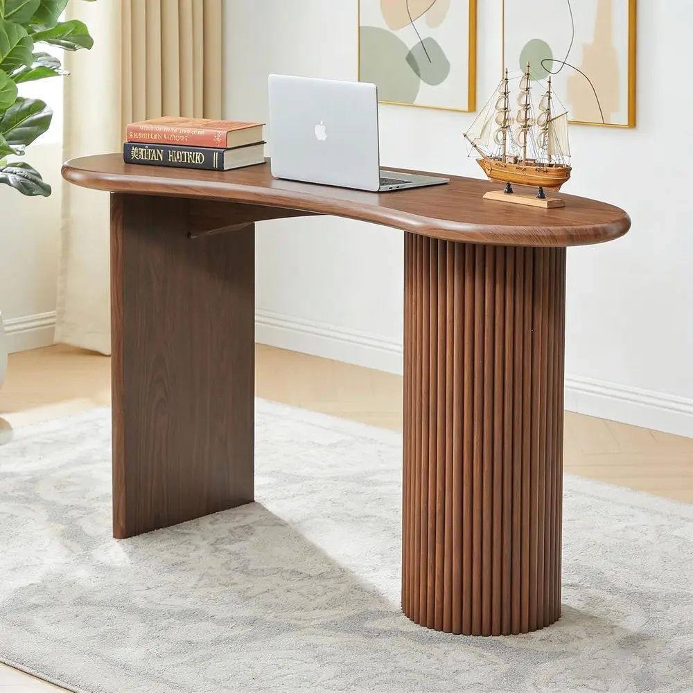 

54.3 Walnut Curved Executive Desk, Sturdy Wooden Luxury Writing Desk for Home Office or Living Room