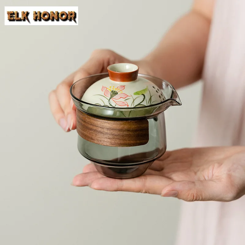 

250ml Hand-painted Lotus Glass Teapot Elegant Tea Infuser Pot Household Tea Maker Kettle With Filter Tieguanyin Tableware Craft