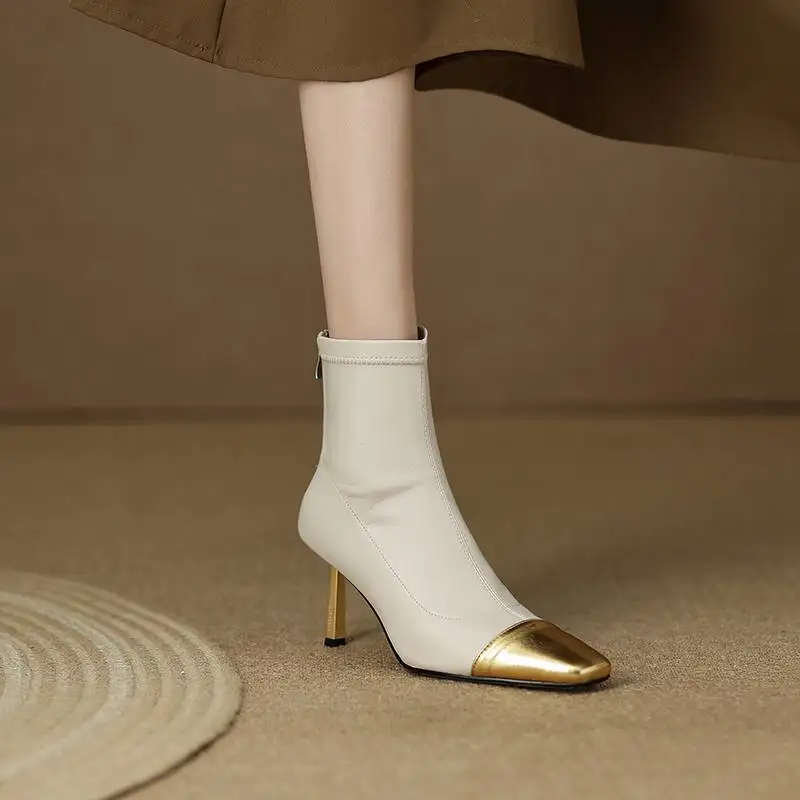 كرازينغ وعاء البقرة انقسام الجلود ساحة تو رقيقة عالية الكعب الأحذية الحديثة الربط المدخنة تصميم موضة مريحة سستة حذاء من الجلد #5