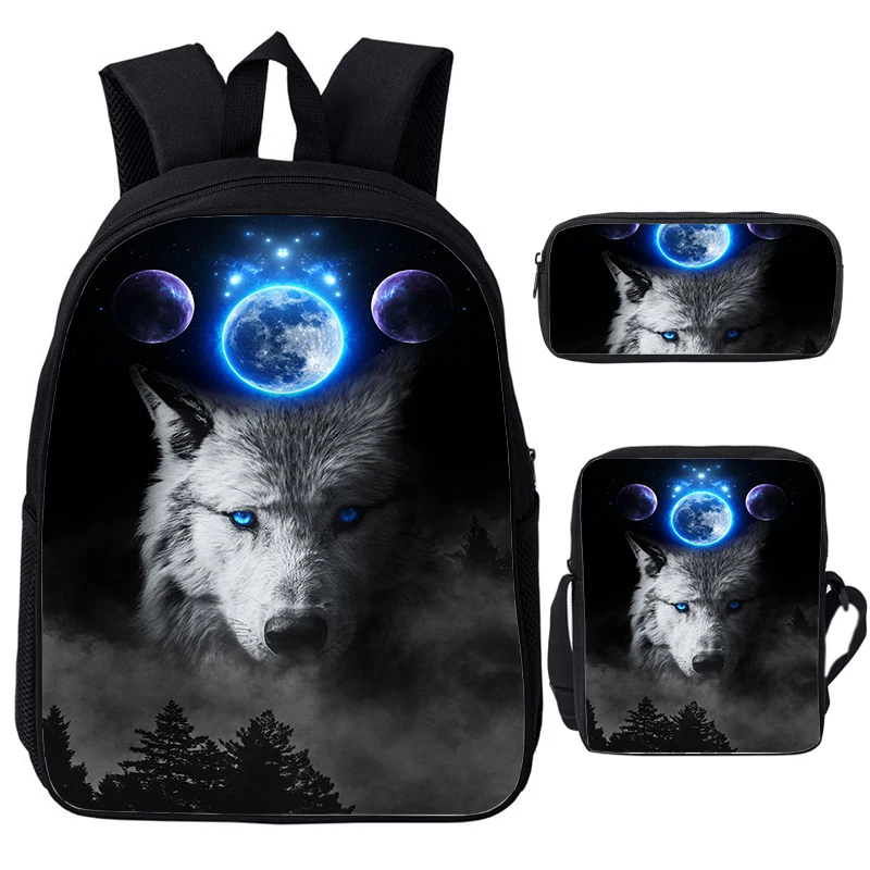 Cosmic Wolf Mochilas Crianças Mochila 3 pçs Conjunto Crianças Bookbags Adolescente Bolsa para Laptop Meninos Meninas Saco de Escola Saco de Almoço Estojo de Lápis