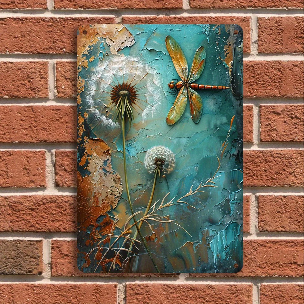 Dandelion Dragonfly Vintage โลหะแผ่นเหล็กเหล็ก Wall Art ตกแต่งเหมาะสําหรับตกแต่งกลางแจ้งในร่มขนาด 8x12 นิ้ว