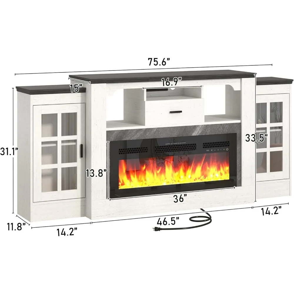 مدفأة كهربائية 75 بوصة مع رف مع منافذ طاقة لتلفزيون 70 بوصة، حامل تلفزيون مدفأة المزرعة الطويلة مع سخان وجهاز تحكم عن بعد، أ