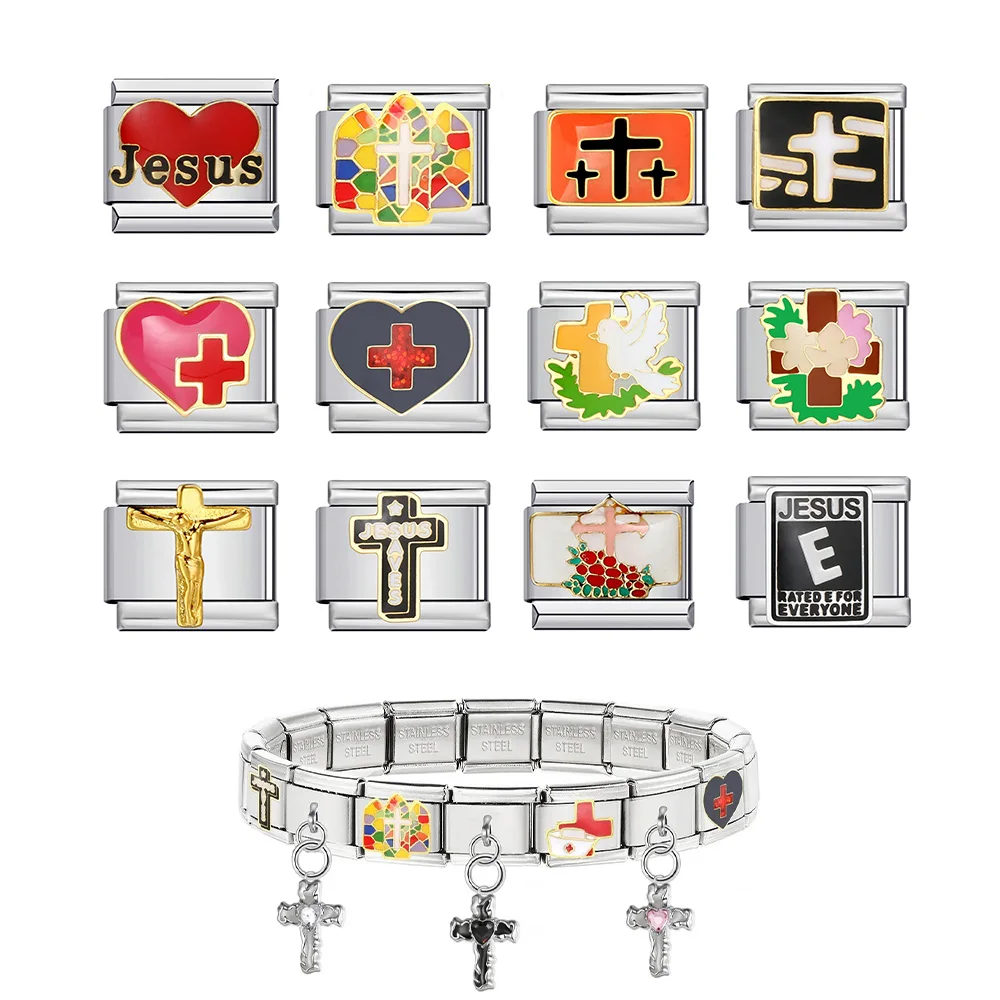 

Fashion Glaze Cross Heart Shape Nurse's Cap Jesus Charms Italian Links 9mm Bracelets Bangle Stainless Steel DIY Making Jewelry