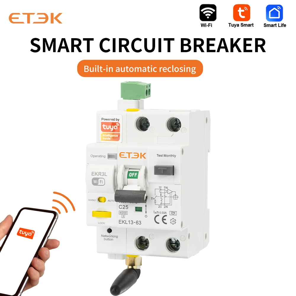 ETEK Tuya WIFI Smart Circuit Breaker RCBO Smart Life Remote Control Short Circuit Protection Timed 2P 16A 25A 32A 40A 63A EKR3L