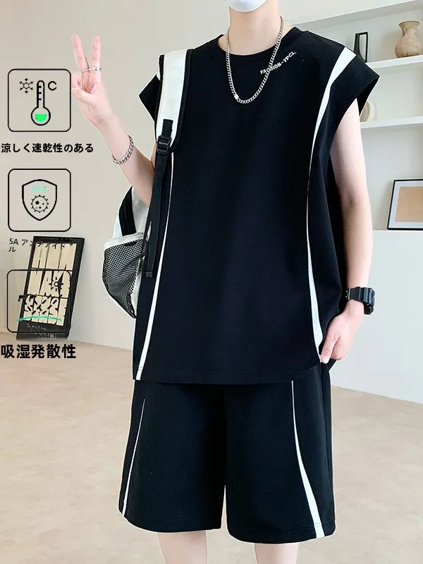 summer-new-men's-sleeveless-fitness-sportswear-ice-silk-quick-dry-color-block-vest-shorts-two-piece-set-teenage-cotton-blend