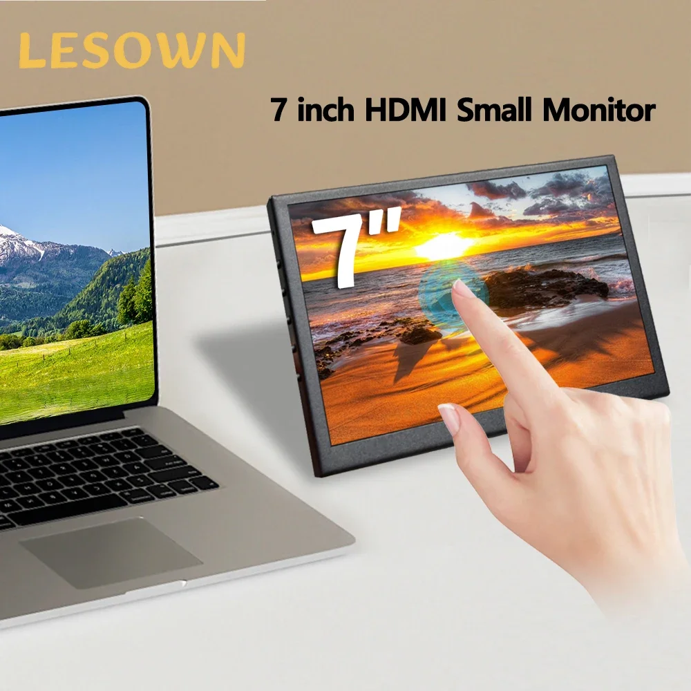 LESOWN 7 inch HDMI Monitor Small LCD Secondary Screen 1024x600 IPS Touchscreen mini Portable Display with Speakers for PC