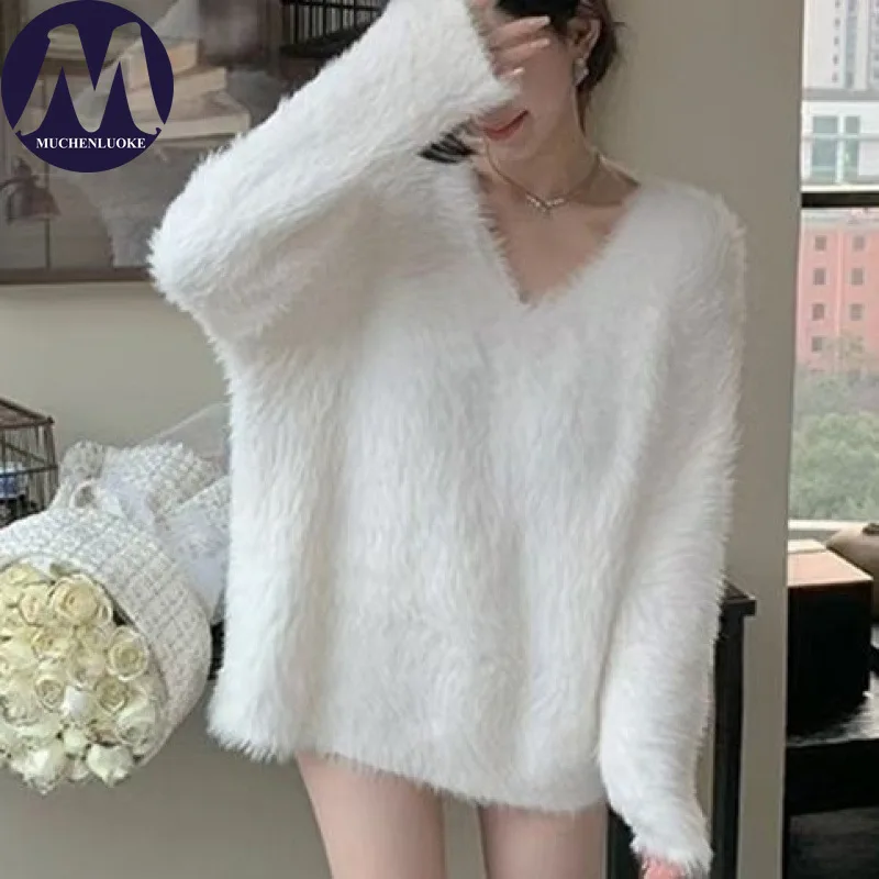 

Свитер для женщин, осень-зима, новый элегантный вязаный свитер из искусственного меха норки с v-образным вырезом, корейский модный повседневный свободный толстый теплый пуловер