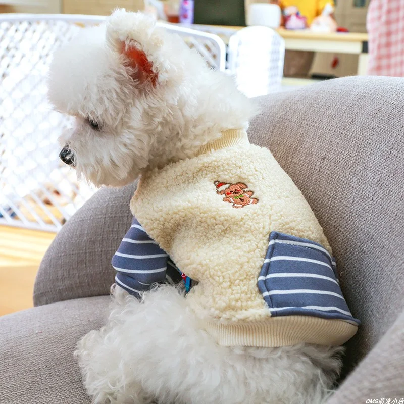 1PC pet clothing autumn and winter velvet blue striped gingerbread dog jacket suitable for small and medium-sized dogs