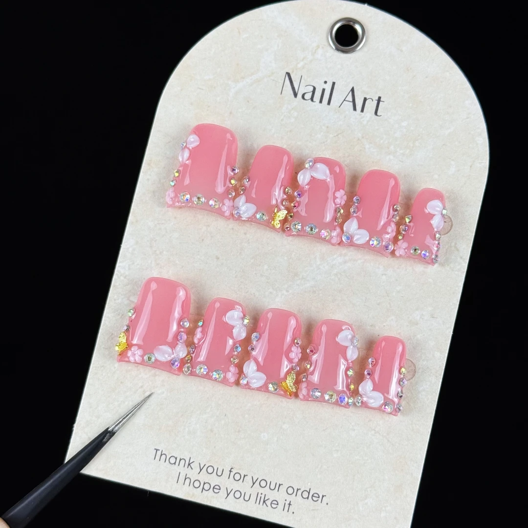 10pcs high-end Pink girl style, hand-painted three-dimensional engraved design, glittering small diamonds handmade fake nails