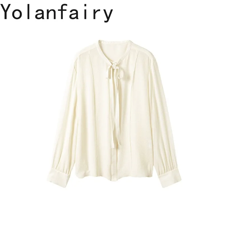 

YOLANFAIRY Элегантные женские блузки из 100% натурального шелка тутового шелкопряда, модные рубашки с длинным рукавом 2026 года, женские топы с лентами, шикарные офисные рубашки, новинка
