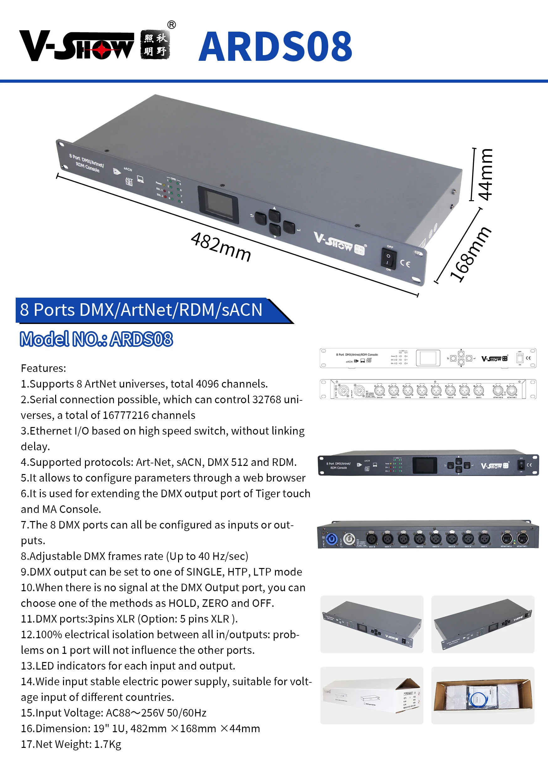 V-show 1pc Artnet Dmx Converter And DMX Amplifier With RDM sACN 8 Port Artnet Lighting Controller output 8x512 4096 Channels