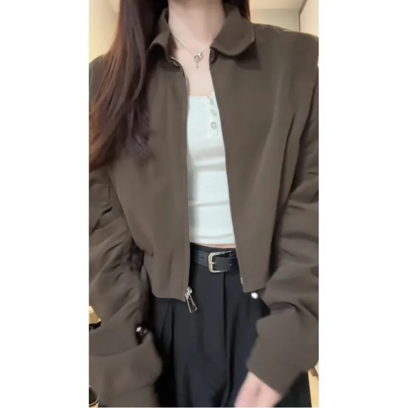 

Spring Autumn Turn Down Collar Solid Women Short Jacket Retro New Version Fashion Leisure Outerwear Women Short Coat