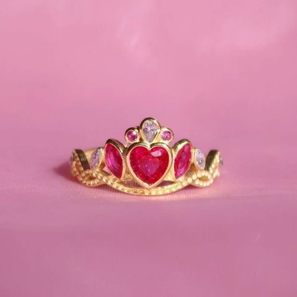 Fashion Gold Crown Open End Ring Pink Color Heart Zirconia Women's Trend Party Jewelry Accessories Gifts