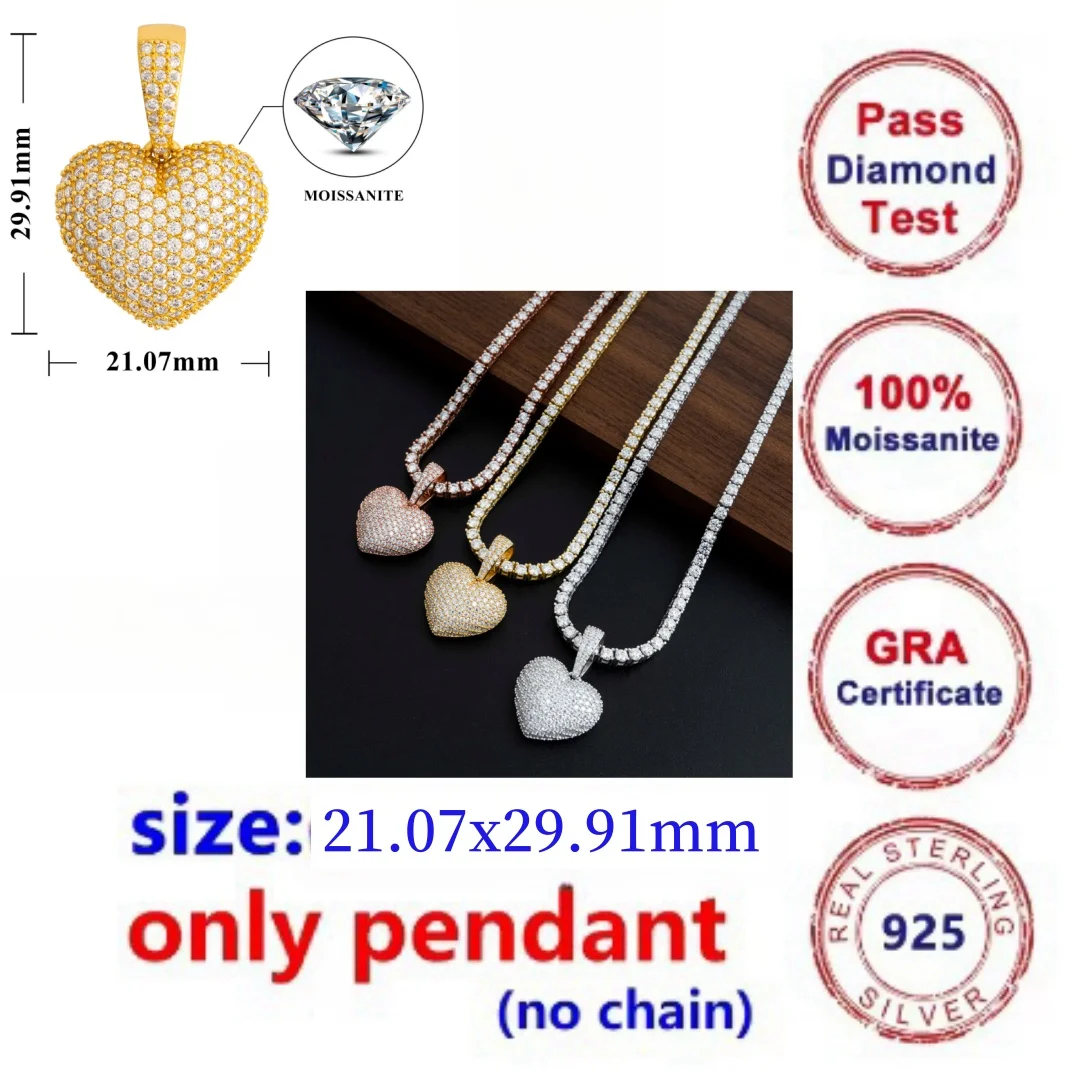 Full D Color Moissanite Diamonds Heart shape Romantic Pendant S925 Sterling Silver White Gold for Necklace Make