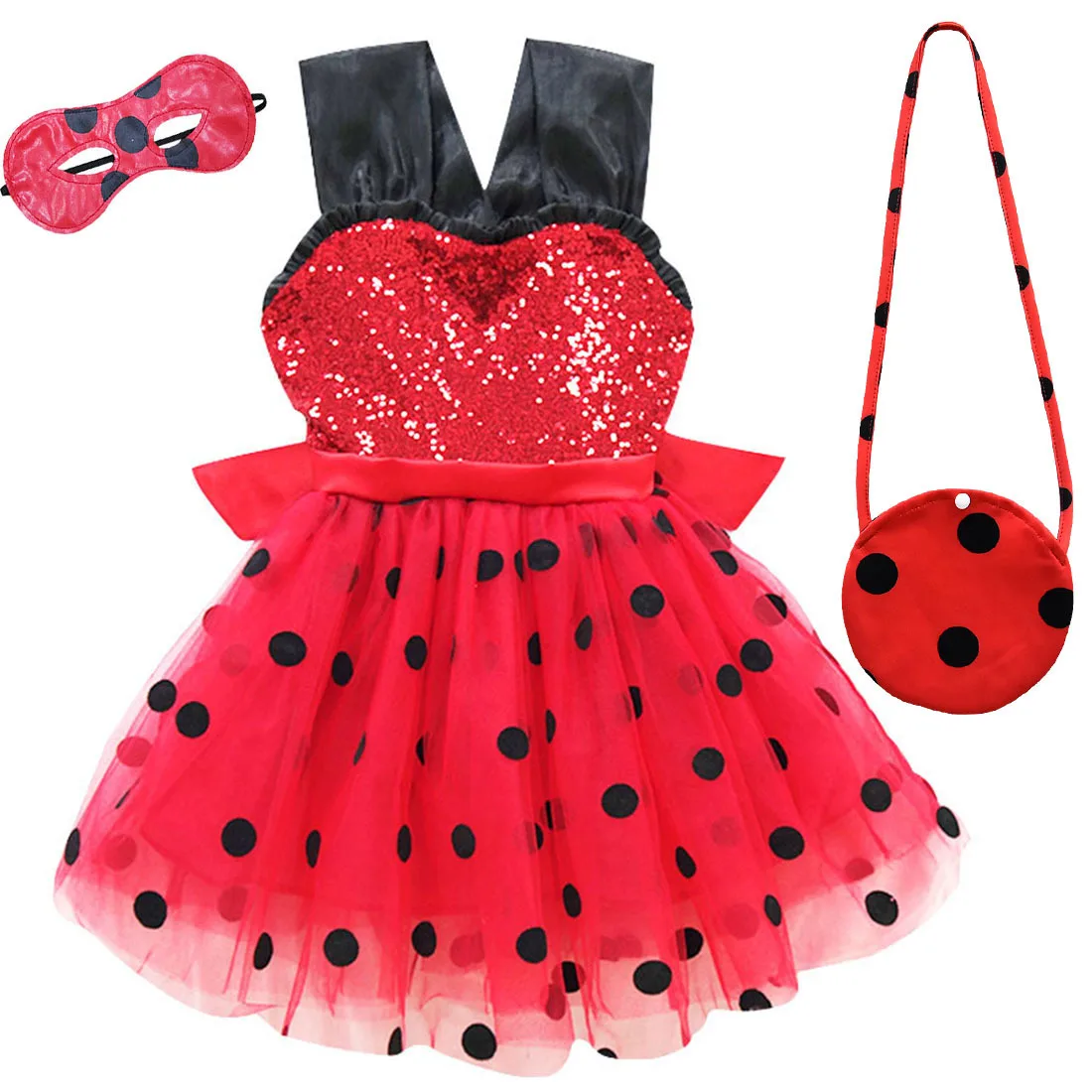 

Baby Girls Red Polka Dot Sequins Bowknot Princess Dress+Eye Mask+Bag For Kids Birthday Party Carnival Halloween New Year Outfits