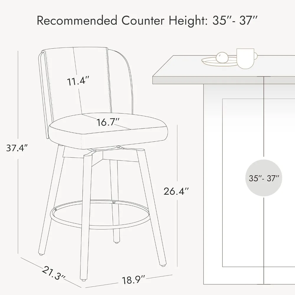 Набор барных стульев высотой из 2 шт., 360° °   Поворотные барные стулья с обивкой и деревянными ножками со спинкой, высота сиденья высотой 26 дюймов, кремовый