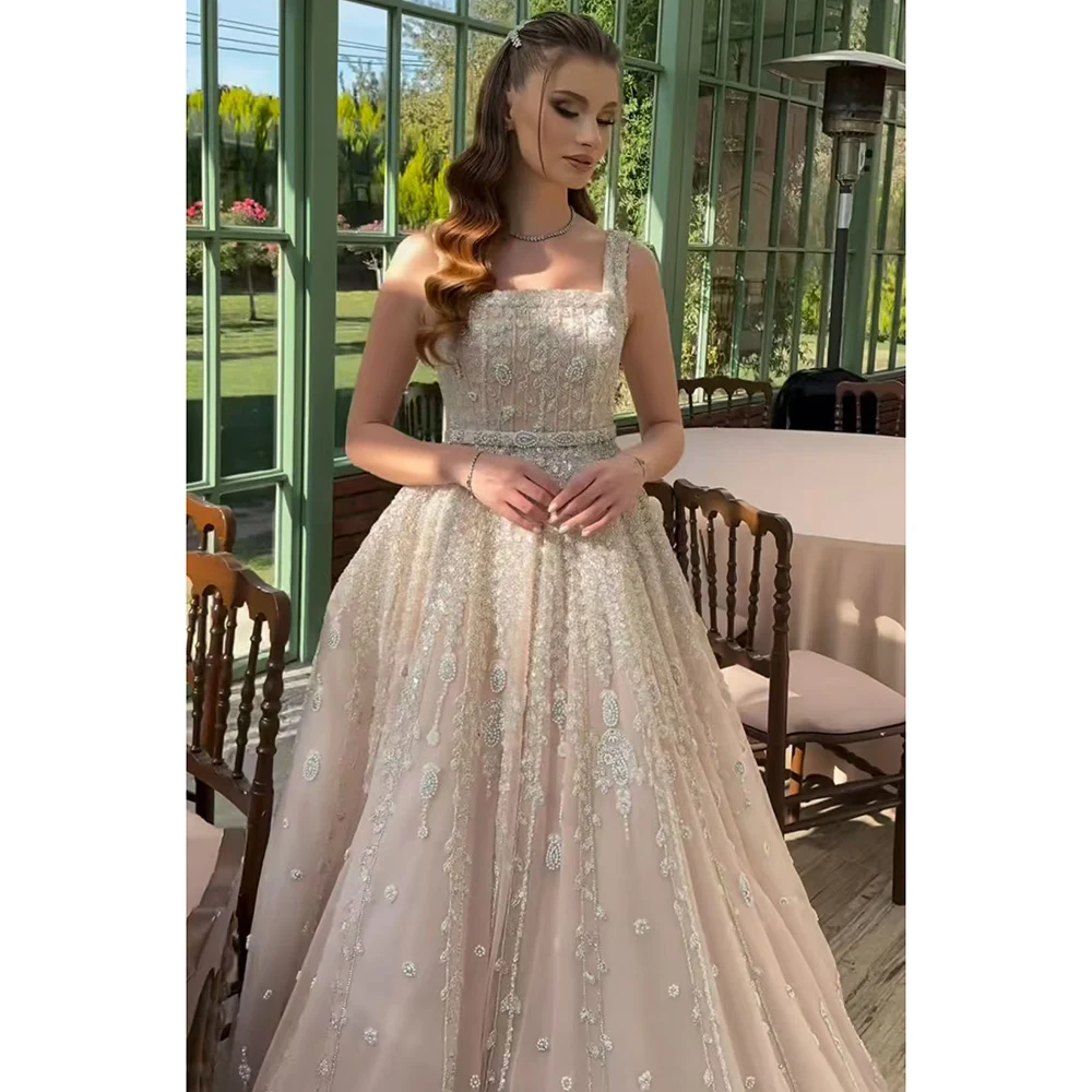 Serene Hill 2025 Customized Saudi Arabia Nude Square Neck Elegant A-Line Evening Dress Beaded for Formal Occasion LA72835