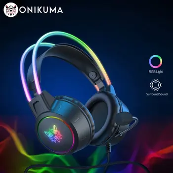 ONIKUMA X15 프로 오버이어 헤드폰 게임용 헤드셋, 유선 캔슬링 이어폰, 핑크 고양이 귀, PC PS4 용, 마이크 포함, RGB 라이트  Best5