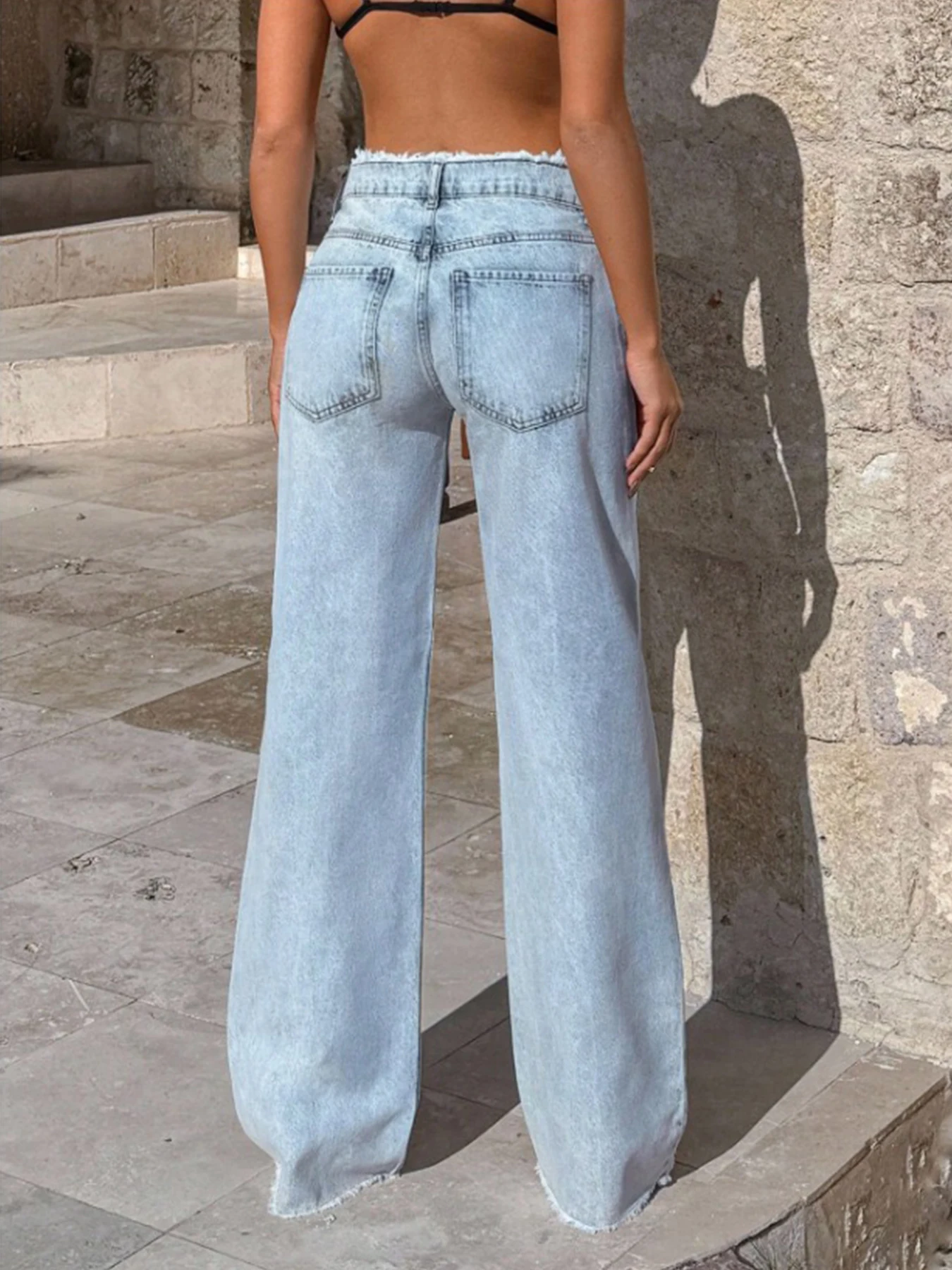 New Women's High-quality Low-rise Frayed Hem Loose Straight Leg Denim Wide-leg Pants, Fashionable and Versatile, Suitable for All Seasons.
