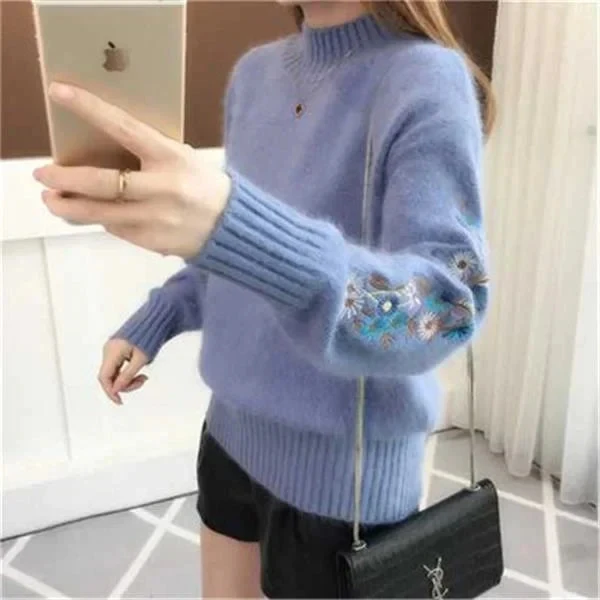 Women Knitted Sweater Floral Embroidery Thick Sweater Pullovers2023 Autumn Winter New Long Sleeve Turleneck Sweaters