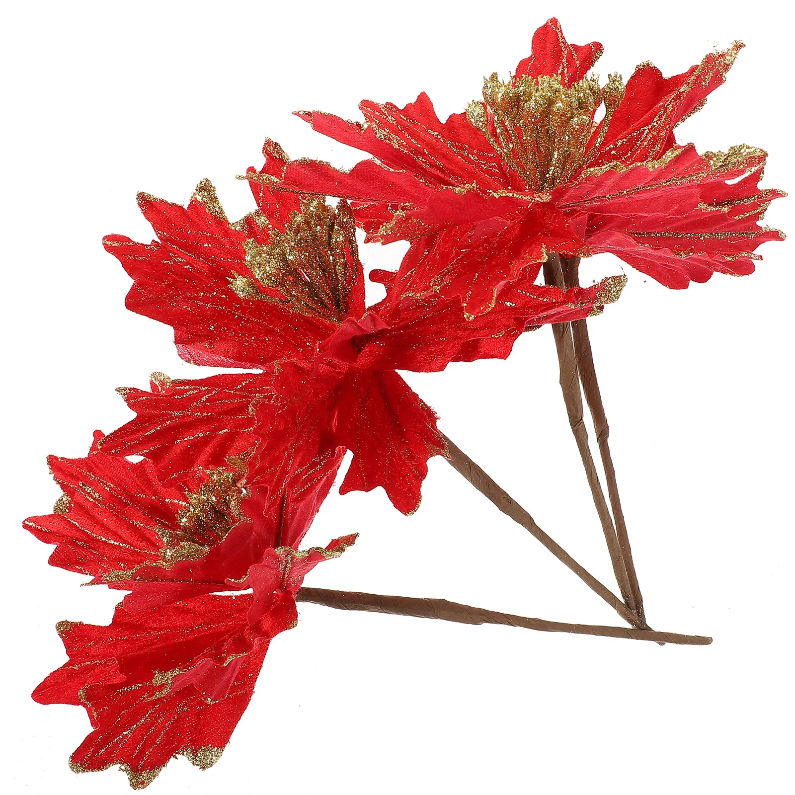 

4pcs Artificial Christmas Poinsettia Flowers Decorative Xmas Wreath Tree Glitter Faux Flower Diy Supply Fabric Material Reusable